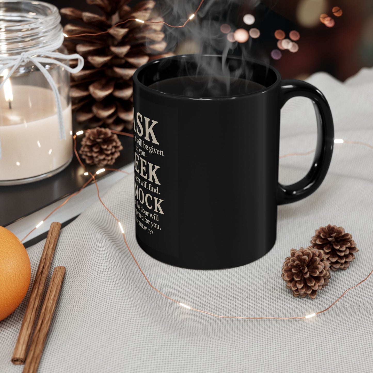 Inspirational Black Mug - Ask, Seek, Knock, Motivational Coffee Cup, Perfect Gift for Grad, Teacher, Faith Lovers, Home Office Decor