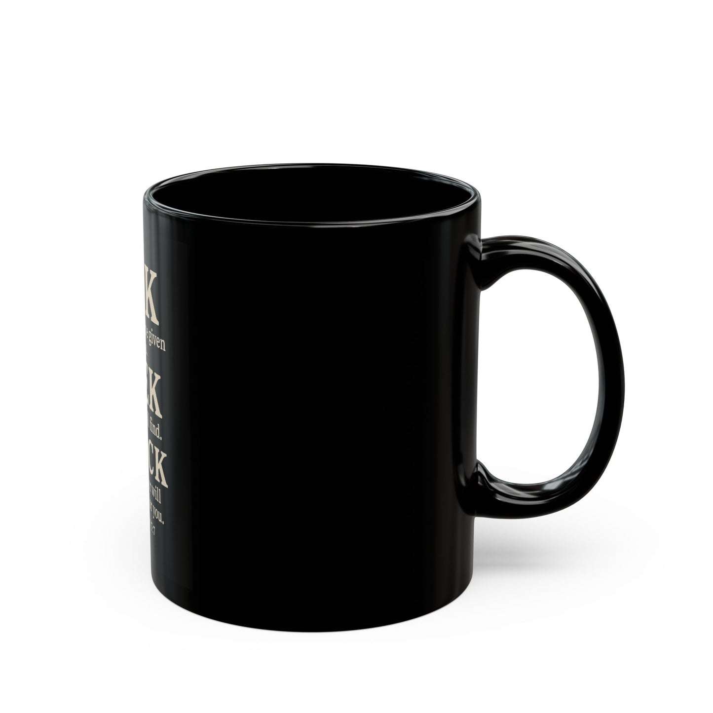 Inspirational Black Mug - Ask, Seek, Knock, Motivational Coffee Cup, Perfect Gift for Grad, Teacher, Faith Lovers, Home Office Decor